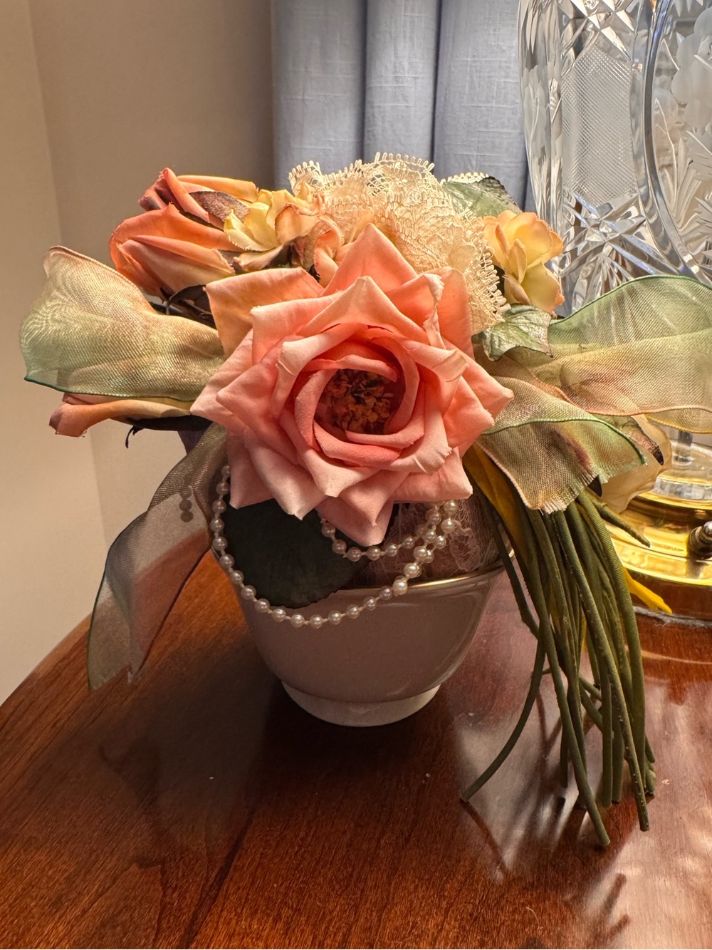 Handcrafted Decorative Pink Rose Potpourri Ball with Pearls and Ribbon